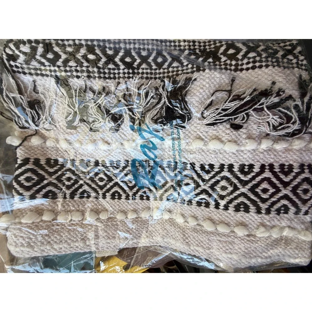 Raj Woven Geometric Tassel Tote Bag Black Cream Boho Pom Pom XL Large‎ NEW